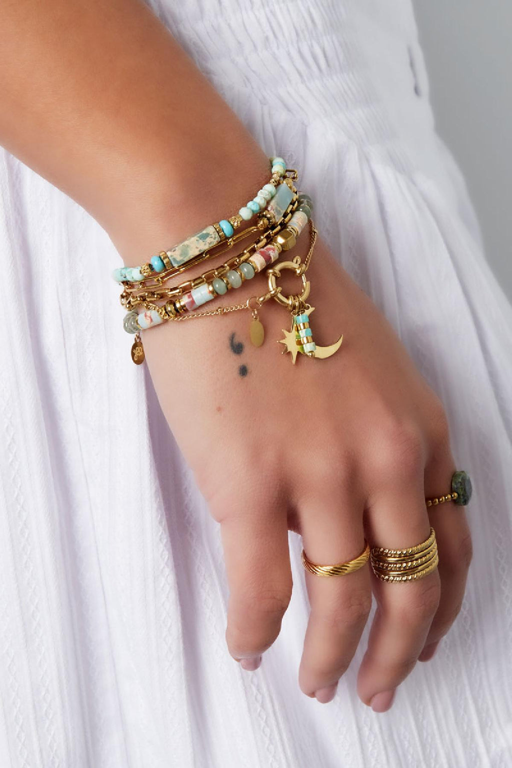 Armband met hanger natuursteen - Roze & Zilver